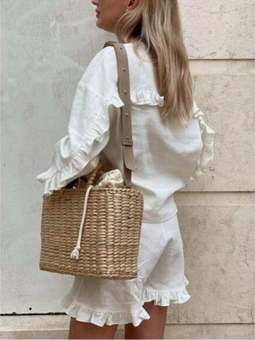 COMMENSE Pure 100% Cotton Ruffle Decor Shorts Set, Cream, Women's Size L - Picture 3 of 9